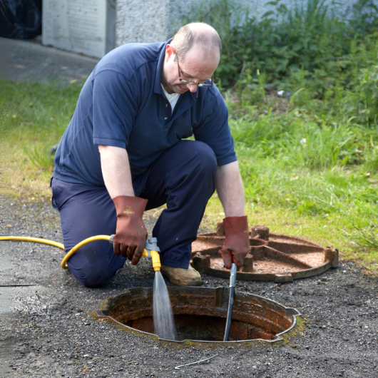 Technicien en train de curer une canalisation extérieure avec un jet d’eau haute pression Technicien en train de curer une canalisation extérieure avec un jet d’eau haute pression