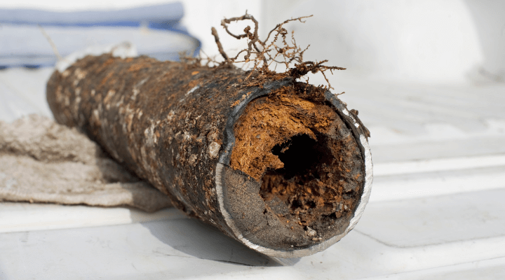 Canalisation bouchée et envahie par des racines et des dépôts de tartre