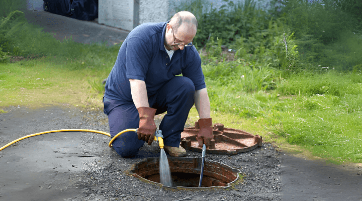 Technicien en train de curer une canalisation extérieure avec un jet d’eau haute pression