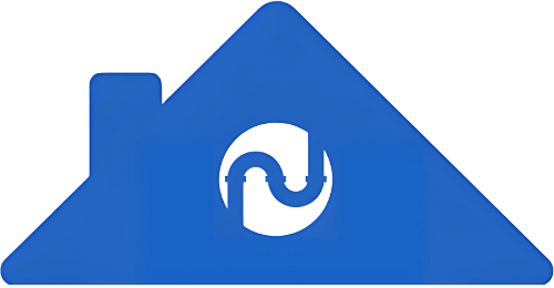 Partie supérieure du logo de HS Débouchage illustrant une maison bleue avec une canalisation stylisée en son centre